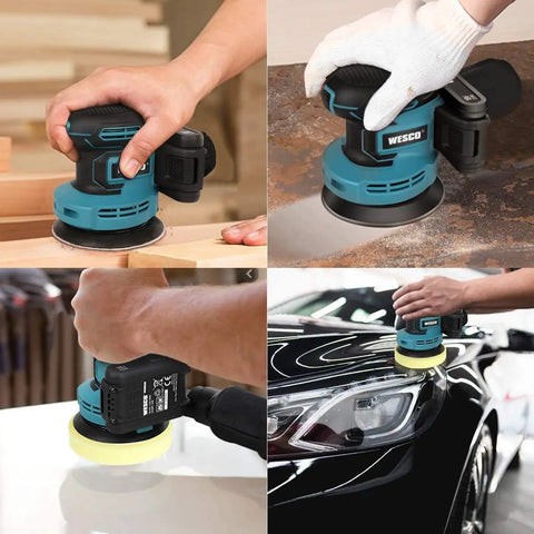 Orbital sander using Five Inch Sanding Discs Set, 60 Pcs Hook And Loop, on wood and car surfaces in multiple angles