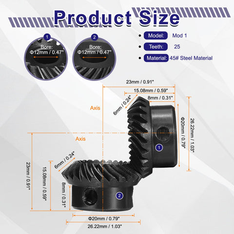 Two Piece 90 Degree 1 To 1 Spiral Bevel Gear Set Ground Mod 1 12mm Bore 25 Teeth Each Left Hand And Right Hand For Mechanical Rotation