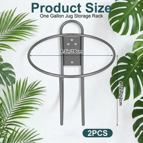Heavy Duty Iron Wall Mounted Gallon Jug Holder 2-Pack showing product size measurements