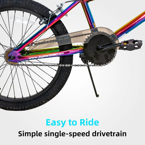 Gemsbok 20 Inch Kids BMX Bike for Boys and Girls Ages 7 to 12, oil slick finish, single-speed drivetrain, rear wheel view