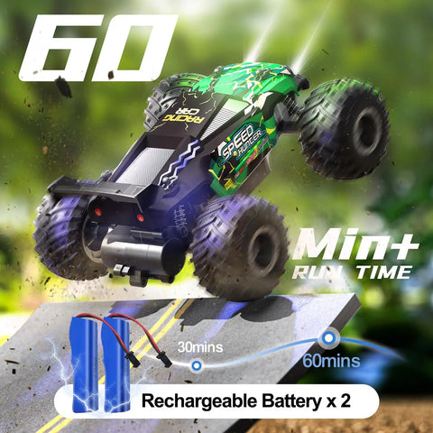 Rad All Terrain RC Monster Truck Off Road 2WD Hobby Car With Dual Rechargeable Batteries and LED Lights jumping off ramp