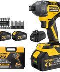 Beater Proof 21V Brushless Cordless Impact Driver Kit Yellow with accessories and batteries set for heavy-duty tasks.