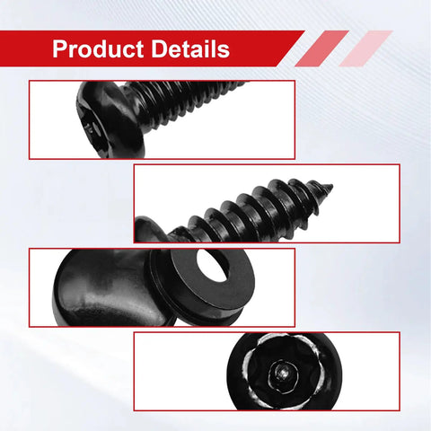 Tough As Nails Rustproof License Plate Screw Kit With Anti Theft Quarter Inch Stainless Steel Bolts and Heavy Duty Hex Nuts close-up of black screws with washers