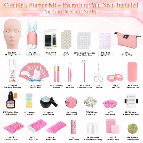 All In One Beginner Lash Extension Practice Kit With Mannequin Head Starter Lash Set Including 0.07D Lashes Glue USB Fan Nano Mister Shampoo Tweezers Under Eye Pads Cleaning Tools And More For At Home Lash Training displayed