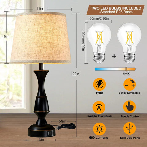 Table Lamps Set Of 2 With Touch Control And USB Ports, 3 Way Dimmable Bedside Lamps For Bedroom, Living Room, And Office, Black Finish