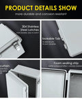IP67 Waterproof Outdoor Electrical Junction Box With 8.7 By 6.7 By 4.3 Inch Dimensions, Beefy ABS Enclosure, Stainless Steel Latches, Wall Mount Brackets, Weatherproof, Shock Resistant For Exterior Electrical Projects, 304 steel latches and seal detail