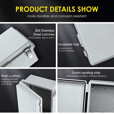 IP67 Waterproof Outdoor Electrical Junction Box With 8.7 By 6.7 By 4.3 Inch Dimensions, Beefy ABS Enclosure, Stainless Steel Latches, Wall Mount Brackets, Weatherproof, Shock Resistant For Exterior Electrical Projects, 304 steel latches and seal detail