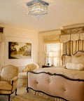 Dope Modern Square Raindrop Crystal Chandelier Flush Mount Ceiling Light Fixture in elegant bedroom setting