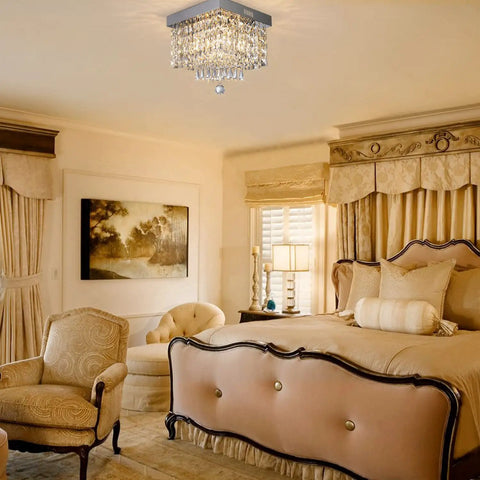 Dope Modern Square Raindrop Crystal Chandelier Flush Mount Ceiling Light Fixture in elegant bedroom setting