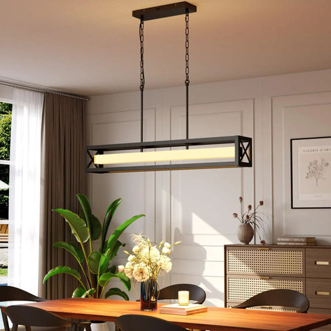 Industrial Farmhouse Kitchen Island Lighting 39.4 Inch Black Rectangular Pendant Fixture Over Table 34W LED Dimmable Linear Chandelier