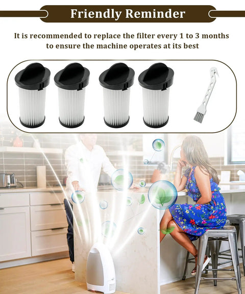 4-Pack Hepa Pre Motor Vacuum Filters Heavy Duty Replacement EV PMF Accessory Fits Eyevac Series displayed with maintenance brush.