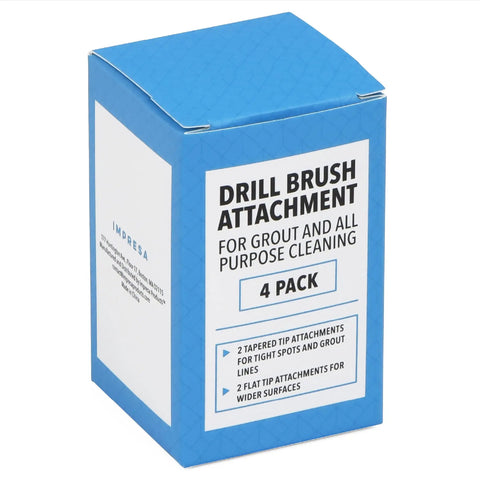 Four Pack Drill Brush Attachments For Grout And Tile Cleaning Quick Change Shafts Cordless Drill Compatible box packaging