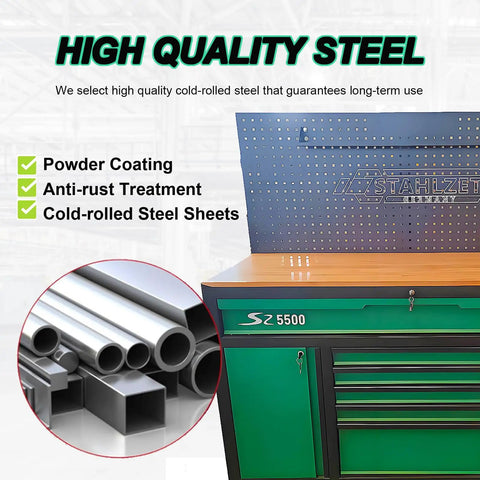 Heavy-Duty 11-Drawer Tool Cabinet With Solid Wood Workbench Top And Pegboard Backwall, features green steel and pegboard