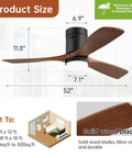 52 Inch Low Profile Ceiling Fan With Light In Walnut Dope 5000 CFM Airflow Whisper Quiet DC Motor Six Speeds Timer Reversible ETL Listed Modern Flush Mount Solid Wood Blades Great For Living Room And Bedroom, showing fan dimensions and solid wood blades close-up.