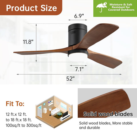 52 Inch Low Profile Ceiling Fan With Light In Walnut Dope 5000 CFM Airflow Whisper Quiet DC Motor Six Speeds Timer Reversible ETL Listed Modern Flush Mount Solid Wood Blades Great For Living Room And Bedroom, showing fan dimensions and solid wood blades close-up.