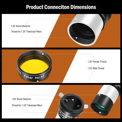 Diagram of telescope accessory connections for Deluxe 14 Piece 1.25 Inch Telescope Accessory Kit With Plossl Eyepieces.