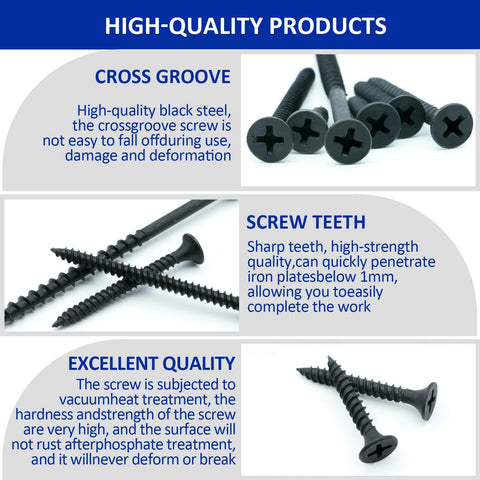 Drywall Screws Assortment Kit With 166 Pieces, Six Sizes From 3/4 In To 3 In, black coarse thread Phillips drive wood screws