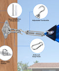 Built Tough All-In-One Sun Shade Sail Hardware Kit With M5 Stainless Steel Hooks And Fasteners attached to wooden post