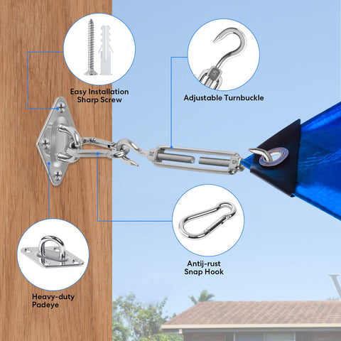 Built Tough All-In-One Sun Shade Sail Hardware Kit With M5 Stainless Steel Hooks And Fasteners attached to wooden post