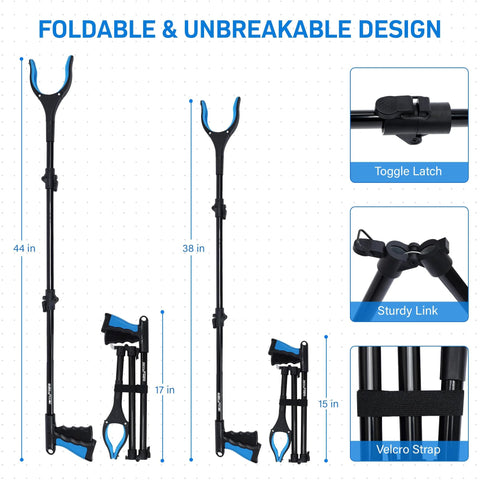 Front view of GrabRunner 38in/44in extendable reacher set, black with blue grips and Velcro strap, two sizes