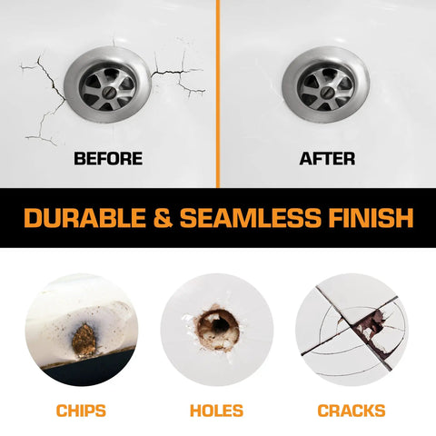 Bathtub Repair Kit For Fiberglass Acrylic And Porcelain Sinks And Tubs Fix Chips Cracks And Dents Like New Any Color Easy At Home Kit Before and after comparison of repaired tub surface with seamless finish.