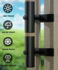 Heavy Duty Patio Umbrella Clamp Mount With Triple Knob Grip secures to a wooden post with weatherproof icons displayed.