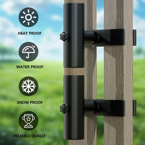 Heavy Duty Patio Umbrella Clamp Mount With Triple Knob Grip secures to a wooden post with weatherproof icons displayed.