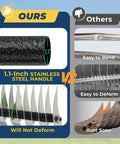 Comparison of 1.1-inch stainless steel handle on a 65 Inch Thatch Rake And Garden Rake Dual Sided Sharp Steel Tines with standard models.