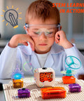Child using Awesome Hands On Science Kit For Kids With 177 Plus Projects Circuit Exploration Set, wearing goggles.