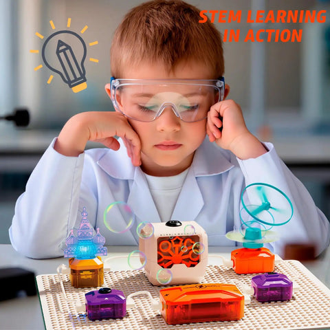 Child using Awesome Hands On Science Kit For Kids With 177 Plus Projects Circuit Exploration Set, wearing goggles.