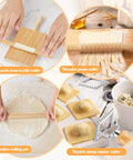 All In One 7 Piece Wood Pasta Making Set With Gnocchi Board Ravioli Stamp Makers Rolling Pin And Tools For Beginners And Home Cooks Italian Style Pasta Kit For Gnocchi Garganelli And Ravioli Lovers Gift featuring tools in use.