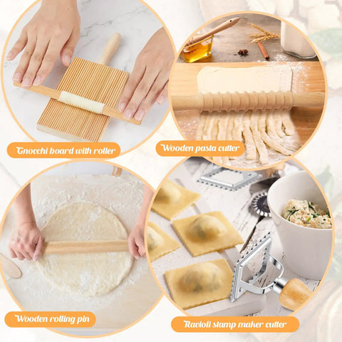 All In One 7 Piece Wood Pasta Making Set With Gnocchi Board Ravioli Stamp Makers Rolling Pin And Tools For Beginners And Home Cooks Italian Style Pasta Kit For Gnocchi Garganelli And Ravioli Lovers Gift featuring tools in use.