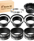 Heavy Duty 4 Inch Magnetic Dust Collection Connector Kit Featuring Rock Solid Neodymium Magnets For Plug Right In Hose Swapping Across Multiple Shop Vacuums And Power Tools No Drama components with various steel receiver ports and clamps.