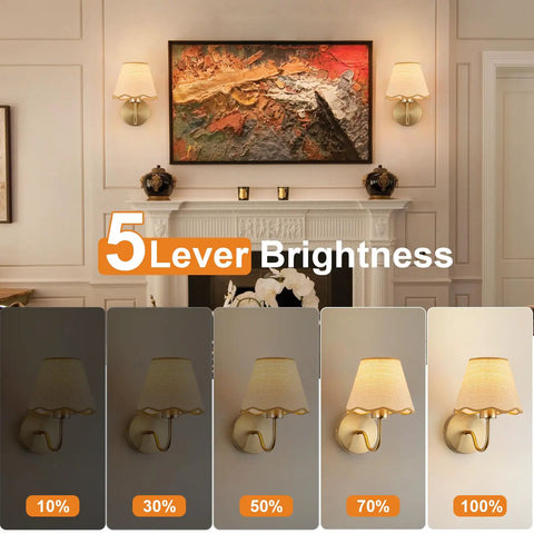 Battery Operated Wall Sconce Set Of Two With Gold Rattan Shade And Rechargeable RGB Bulbs For Wireless Bedroom Lighting display showing brightness levels.