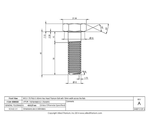 M12 x 40mm Grade 5 Titanium Hex Head Bolt technical drawing for heavy-duty marine and automotive use.