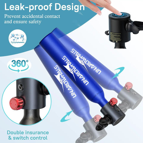 Ultra Portable Mini Scuba Tank for Quick Dives, 0.5L Capacity, aluminum design with leak-proof features and switch control.
