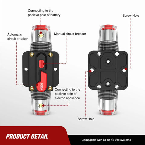 100A Inline Circuit Breaker With No Fuss Manual Reset For 12 To 24V DC Systems, Rugged Fuse Holder, Push Button Reset, Auto Protection For Cars Boats ATVs And Off Road Gear black inline breaker with red manual reset and screw holes