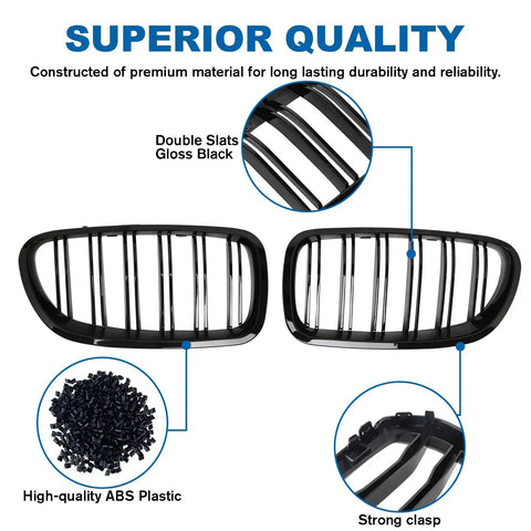 Front Kidney Grille Double Slats In Glossy Black For BMW 5 Series F10 F11 F18 2010 To 2017 Sedans ABS Plastic Construction Direct Bolt On Easy Install
