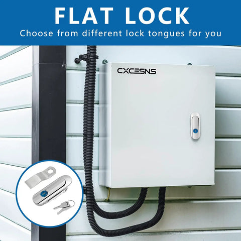 Heavy Duty Stainless Steel Electrical Box Latch Built Like A Tank For Indoor And Outdoor Cabinets Rust Resistant Surface Mount Security Lock on a wall-mounted electrical box with lock tongues.