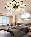 Slick Low Profile Flush Mount Ceiling Fan With Light in modern bedroom, dimmable LED lighting, reversible motor, bladeless design