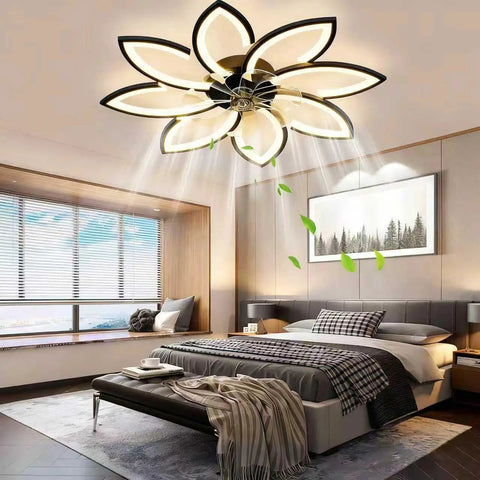 Slick Low Profile Flush Mount Ceiling Fan With Light in modern bedroom, dimmable LED lighting, reversible motor, bladeless design