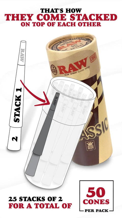 Classic King Size Pre Rolled Cones 50 Pack With Tips And Packing Tubes Included stacked in a tall cardboard package