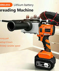 Professional Grade Cordless Electric Wire Threader With 800W Brushless Motor And Non Slip Rubberized Grip Designed For Straight Up Pro Job Sites, showing detailed view of the battery-powered threading machine.