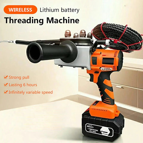 Professional Grade Cordless Electric Wire Threader With 800W Brushless Motor And Non Slip Rubberized Grip Designed For Straight Up Pro Job Sites, showing detailed view of the battery-powered threading machine.