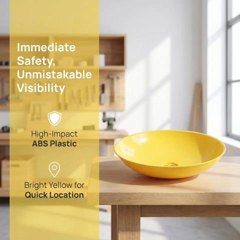 Eyewash Bowl Replacement Basin For Eyewash Stations, 11.81 Inch Yellow ABS Plastic Safety Receptor Basin on workbench