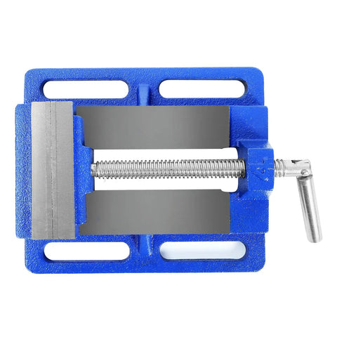3 Inch Heavy Duty Drill Press Vise Portable Bench Clamp With Slotted Base And Serrated Steel Jaws top view with gray steel surface.