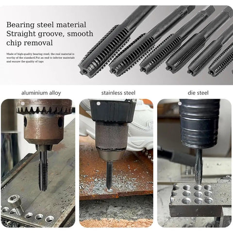 Close-up of 14 Piece Nitriding Coated Straight Flute Tap Set for American Thread Taps Machine Screw Tapping Tools on metal