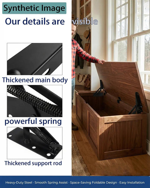 Top Shelf Soft Close Hinges For Toy Box 2 Pack, showcasing thickened body and powerful spring for smooth operation.