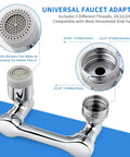 Universal Faucet Adapter with 3-thread system for faucets, showing close-up and parts of Faucet Extender For Bathroom Sink With 1080 Degree Robotic Arm Swivel Aerator Brass Sink Attachment With Dual Water Flow Modes Universal Kitchen And Bath Faucet Accessory For Easy Reach And Gamechanger Replacement.