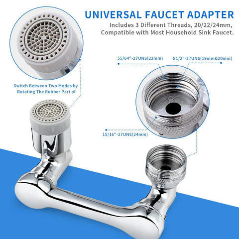 Universal Faucet Adapter with 3-thread system for faucets, showing close-up and parts of Faucet Extender For Bathroom Sink With 1080 Degree Robotic Arm Swivel Aerator Brass Sink Attachment With Dual Water Flow Modes Universal Kitchen And Bath Faucet Accessory For Easy Reach And Gamechanger Replacement.